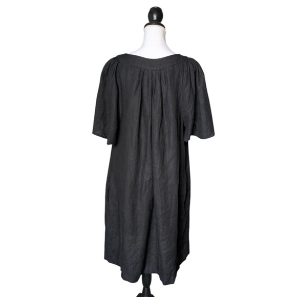 Chicos Black Flutter Sleeve 100% Linen Dress Sz 3 US 16 V Neck Lagenlook Pockets - Picture 2 of 7